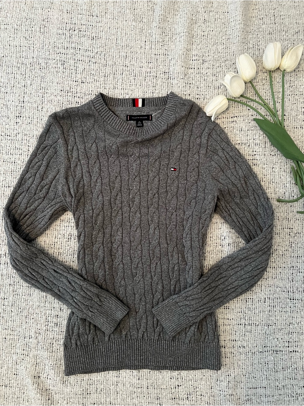 Tommy Hilfiger Gray Cable Knit Crewneck Sweater